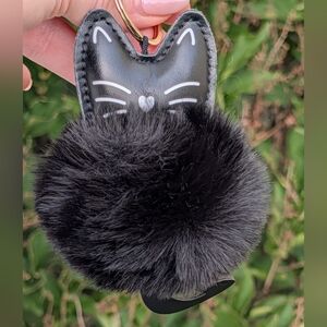 Cute Black Cat Faux fur Pom Pom Keyring/ Keychain/ Bag Charm